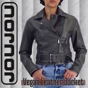 JOU JOU Edgy-Distressed Soft Vegan Leather Asymmetric Belted Moto Jacket/NWT-XL